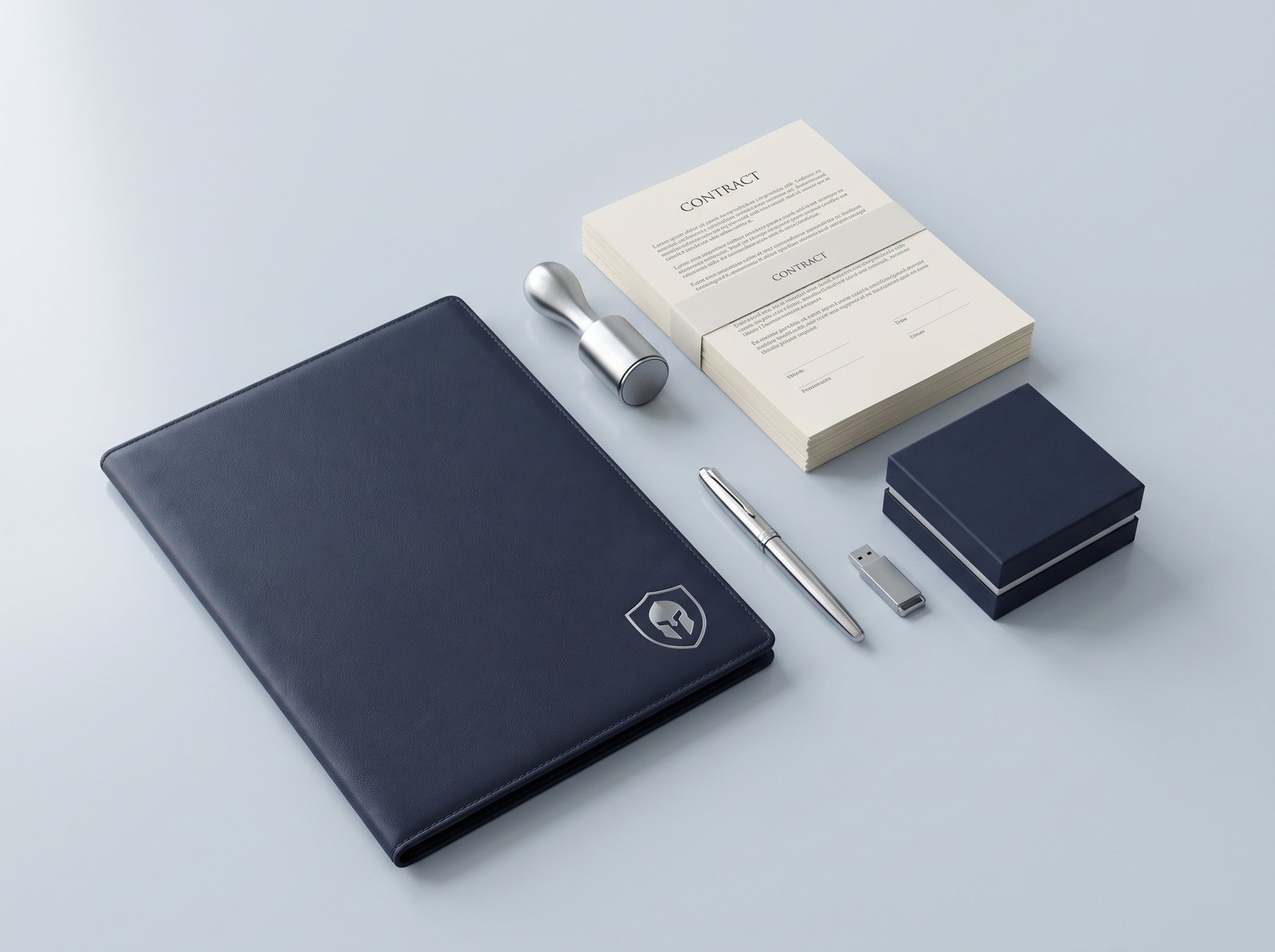 Kit de blindaje Aquiles: carpeta marino con escudo, contratos, sello de acero y pluma sobre superficie porcelana