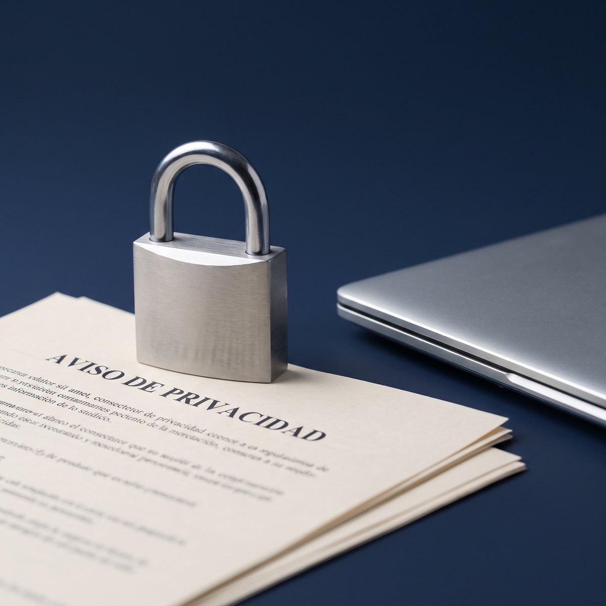 Candado de acero sobre un aviso de privacidad impreso