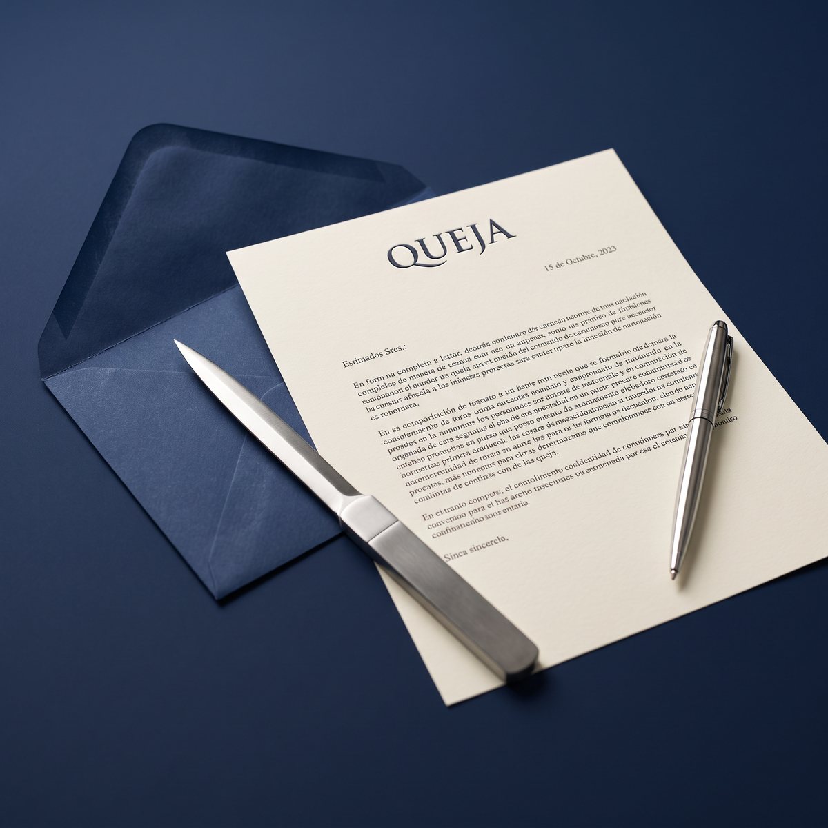 Escrito de queja junto a un sobre abierto y abrecartas de acero