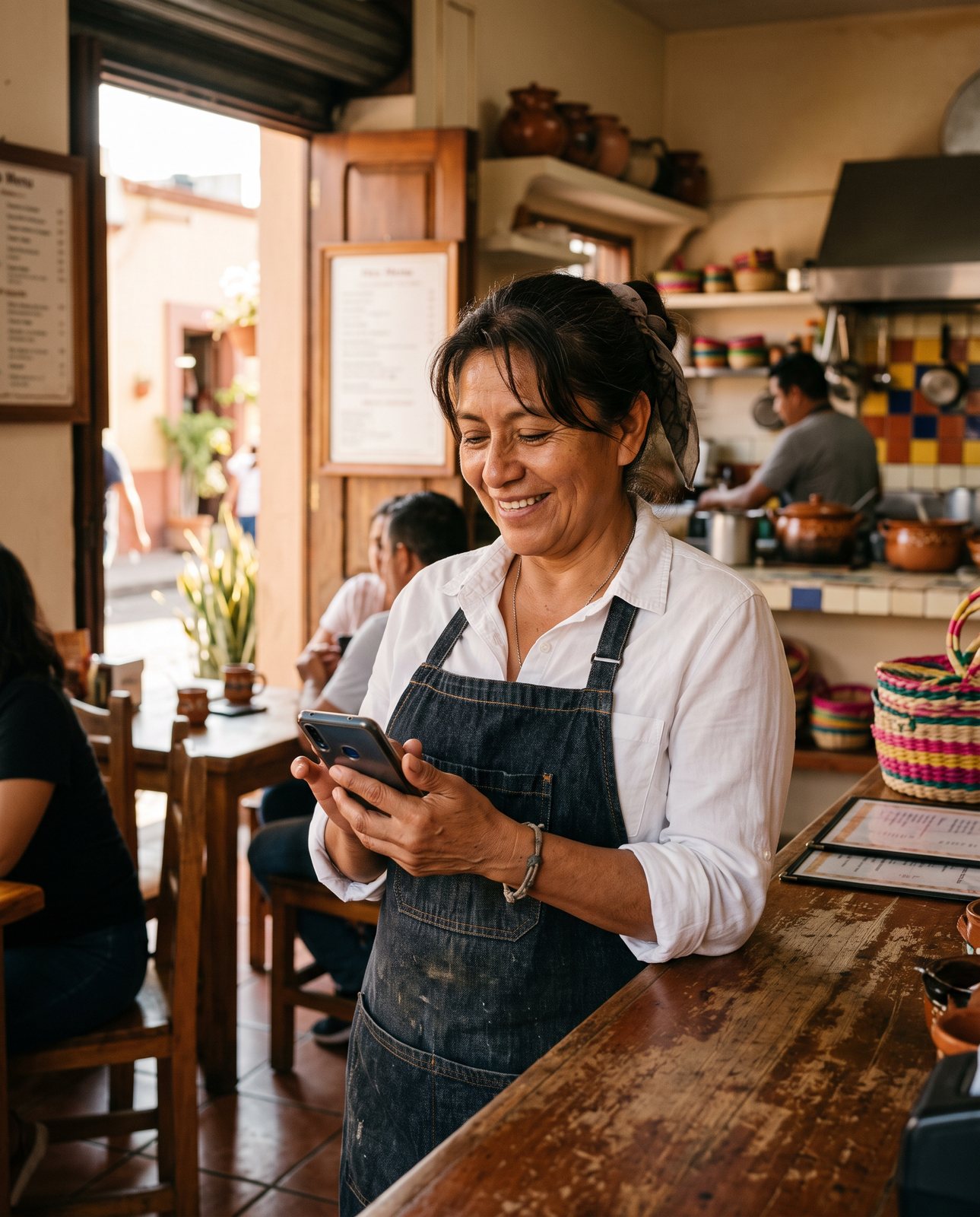 Dueña de un restaurante en Colima leyendo un mensaje en su teléfono